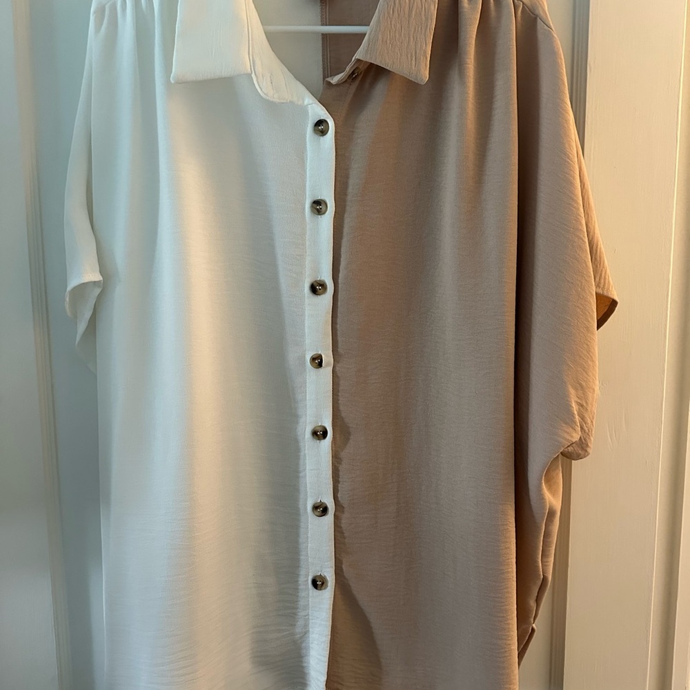 SHEIN Two-Tone White and Tan Button Down Shirt